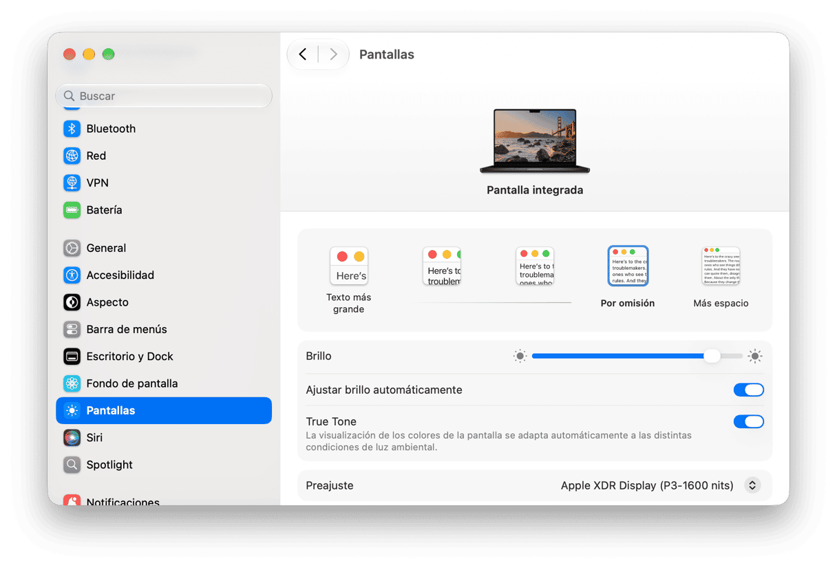 Configuraci&oacute;n de pantallas de macOS