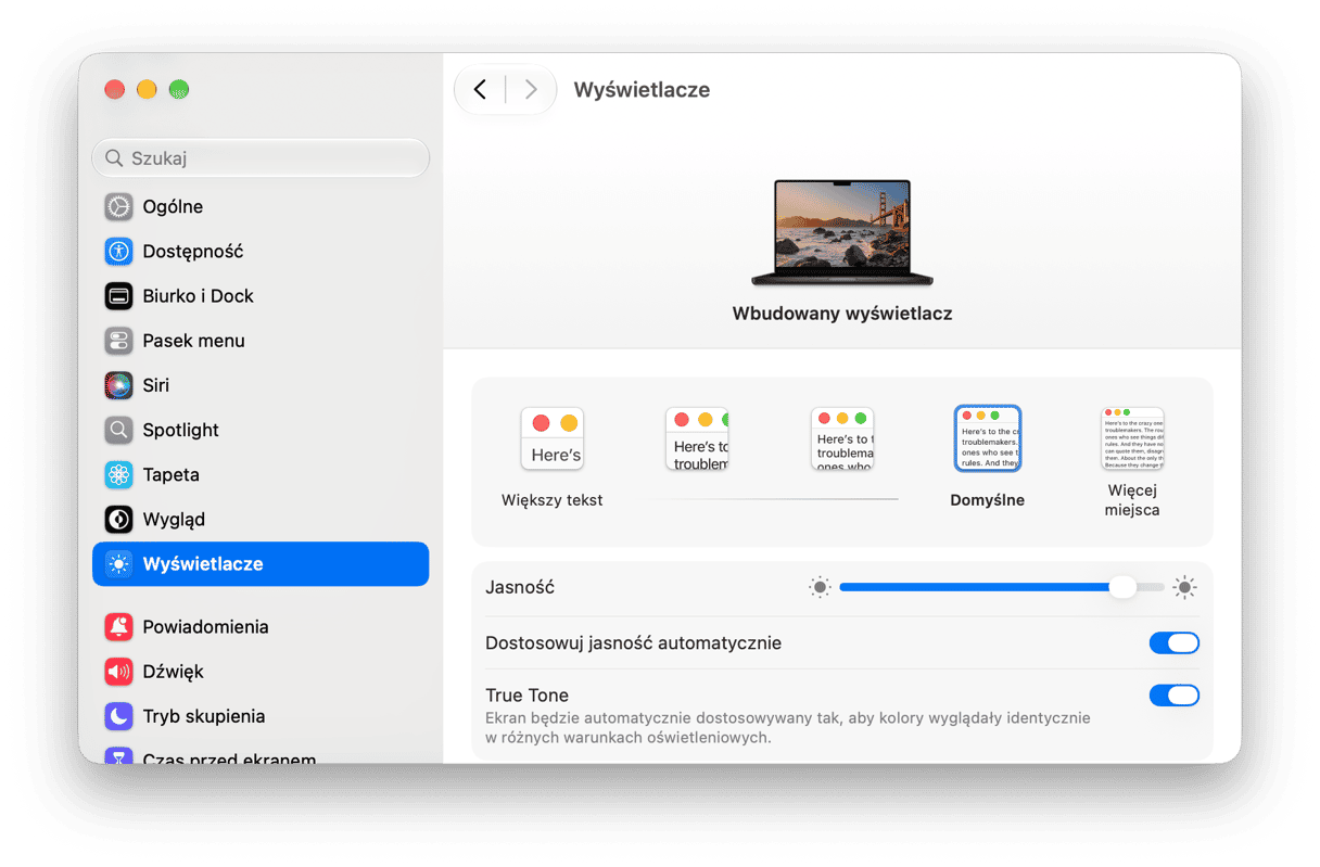 Ustawienia wyświetlaczy macOS