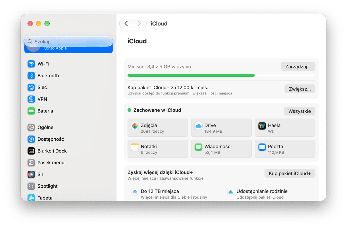Ustawienia systemowe - Ustawienia iCloud macOS z wykorzystaniem pamięci i zapisanymi aplikacjami