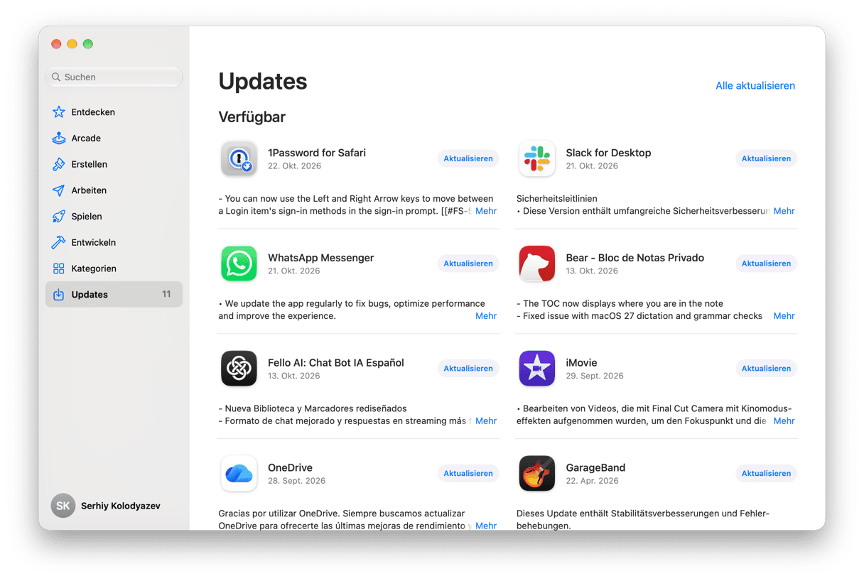 Mac App Store Aktualisierungen-Bereich