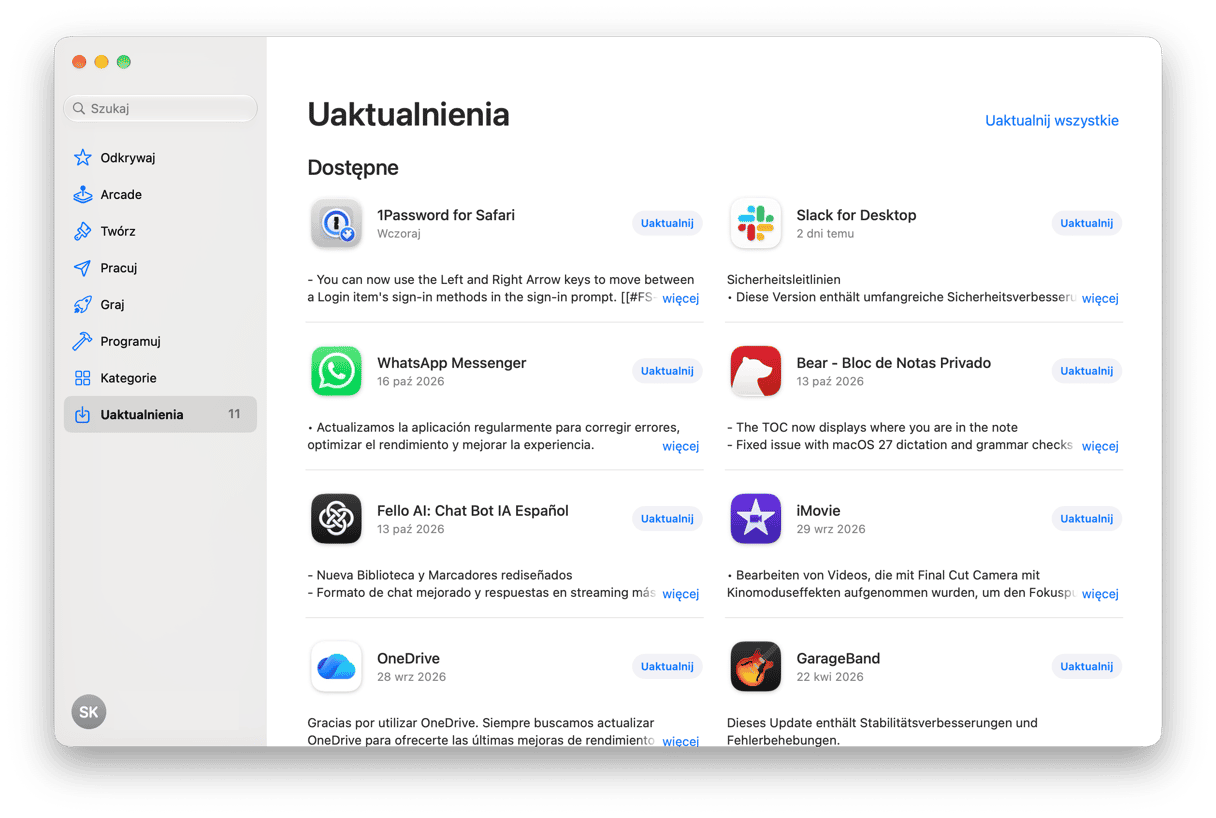 Sekcja Aktualizacje w Mac App Store