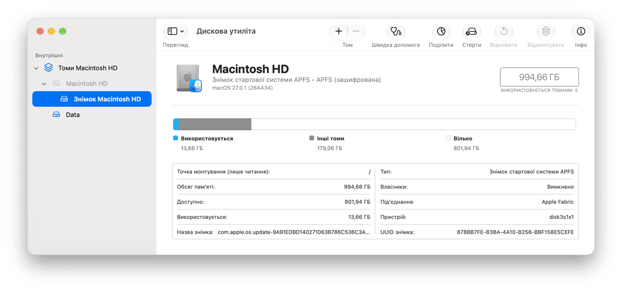 Дискова утиліта macOS з відображенням ємності накопичувача Macintosh HD та деталей тому APFS