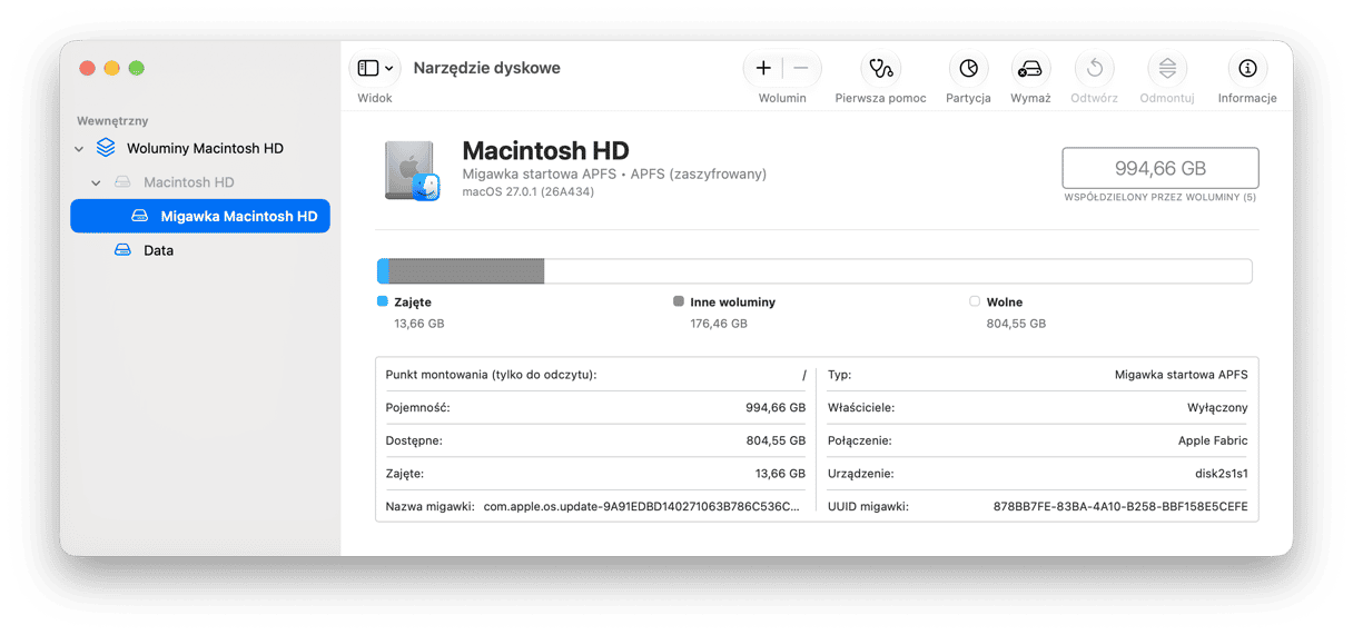 Narzędzie dyskowe macOS pokazujące pojemność dysku Macintosh HD i szczeg&oacute;ły woluminu APFS