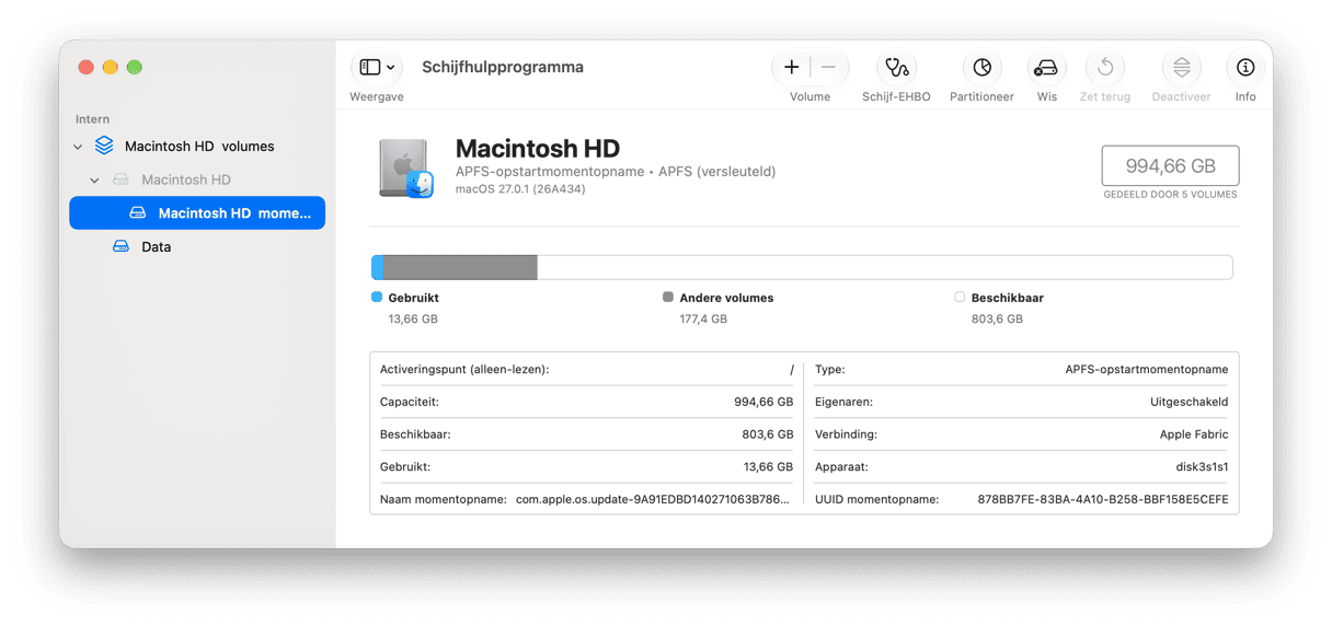 macOS Schijfhulpprogramma toont opslagcapaciteit van Macintosh HD en APFS-volumedetails
