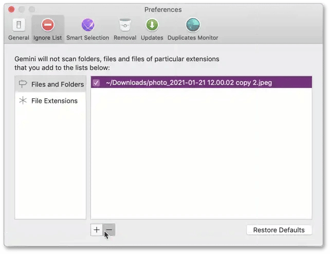 Managing items in the ignore list