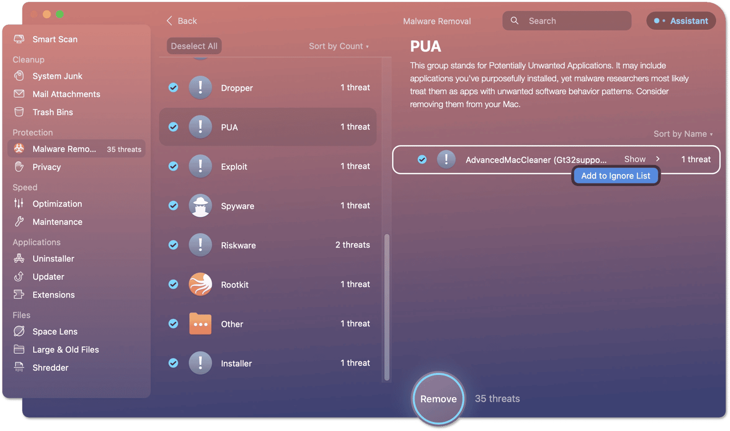 Adding apps to the ignore list