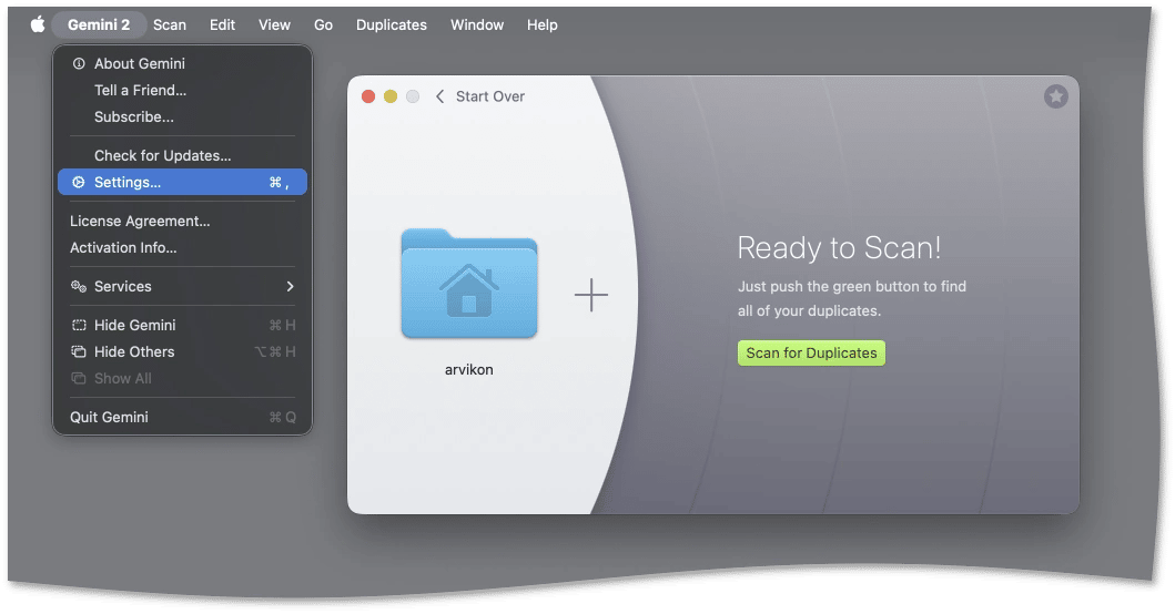 The Settings menu item